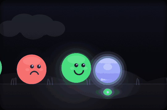 In the app, each YES grows a green worm beside a glowing world; at the goal it walks in, and the world is born